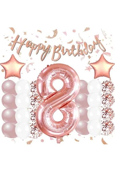 BALON DİYARI Rose Gold 8Th Birthday Celebration Set; White Gold Confetti Balloon, Number Star Foil and Banner