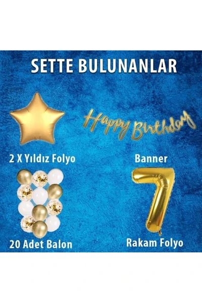 BALON DİYARI Gold Concept 7Th Birthday Celebration Set with Balloon Headband Gift