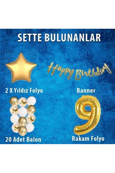 BALON DİYARI Gold Concept 9Th Birthday Celebration Set Balloon Headband