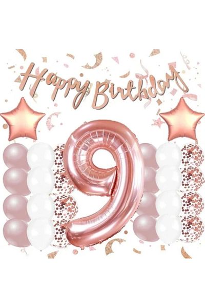 BALON DİYARI Rose Gold 9Th Birthday Celebration Set; White Gold Confetti Balloon, Number Star Foil and Banner