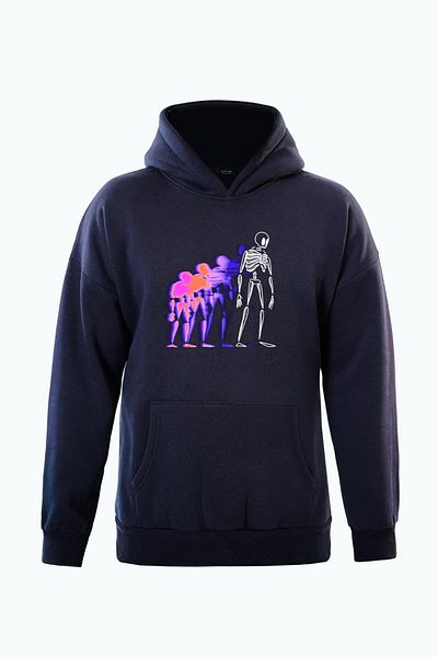 SOFTWAY Unisex Oversize Πολύχρωμο Φούτερ με κουκούλα από φλις με στάμπα σκελετού - Navy Blue