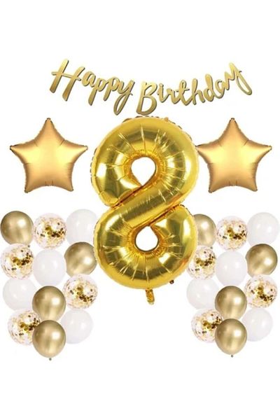 BALON DİYARI Gold Concept All Age Birthday Celebration Set + Balloon Headband Gift