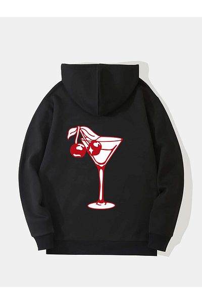 SOFTWAY Unisex Oversize Cherry Cocktail Printed Fleece Hooded Sweatshirt - Black