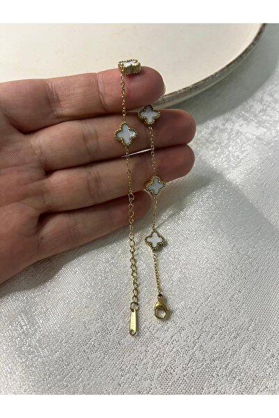 NKIE JEWELS Küçük Yonca Beyaz Bileklik Paslanmaz Çelik Gold Renk Taşlı