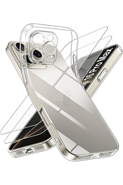 Evax (2 CAM + 1 KILIF) iPhone 16 Pro Max Uyumlu 1 Şeffaf Silikon Kılıf + 2 Ca...