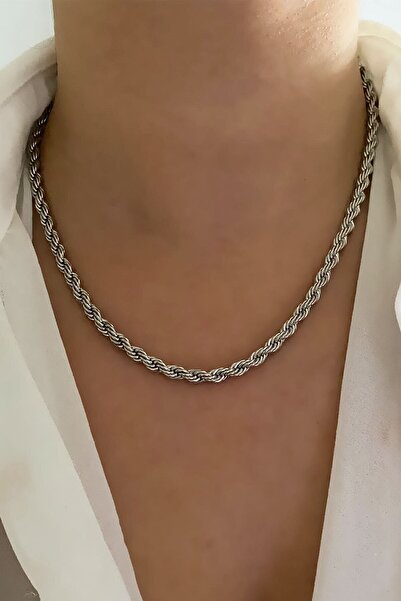 JEWELRY Unisex Gümüş Renk Kalın 45 Cm Burgu Zincir