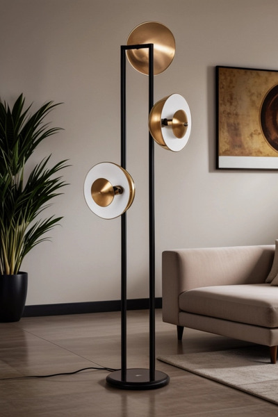 Vinner Sarthe Özel Tasarım Siyah-Eskitme Metal Mat Gold Tek Ayaklı Lambader, Salon Lambader