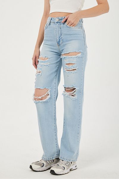 POODLE Pantaloni largi de damă din denim cu talie înaltă și detaliu rupt - albastru