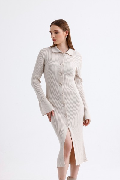 Get Crazy Μπεζ πλεκτό μίντι φόρεμα - γιακάς πόλο και λεπτομέρεια μανίκι με κουμπιά