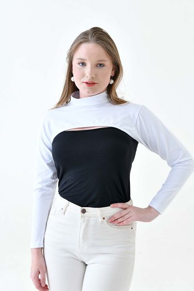 mirach Plus Size Black and White Bodysuit - Set of 2, Long Sleeve Combed Cotton Underwear Sleeve