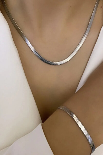 NKIE JEWELS طقم سوار اسوداد - فولاذ مسطح مع ضمان وقلادة 316L