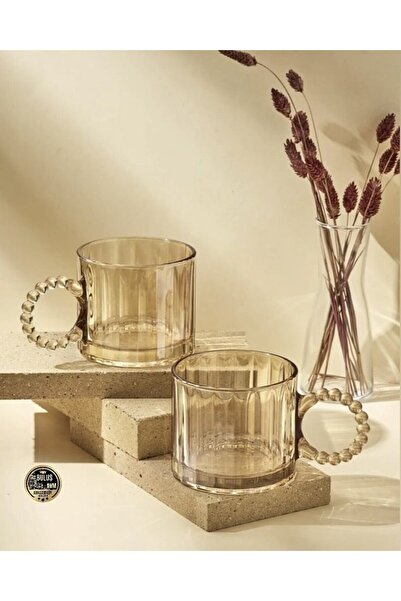 Alice Boncuk Kulplu Gold Renk Cam Kupa Kahve Fincani 2'li Set 250 ml