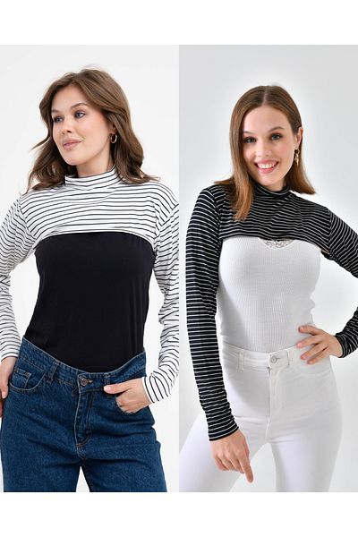 mirach Set of 2 Striped Neck Collar Sleeves Black and White Body Long Sleeve Combed Cotton Underwear Sleeves