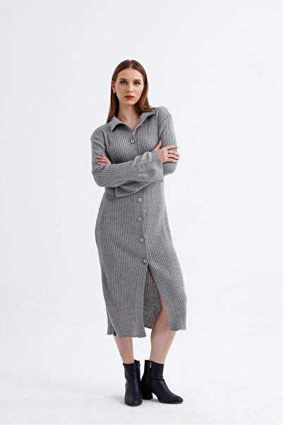 Get Crazy Γυναικείο πλεκτό φόρεμα με λαιμόκοψη με κουμπιά μανίκι