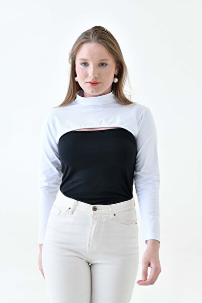 mirach 2’li Set Büyük Beden Boyunluklu Kolluk Beyaz ve Beyaz Body Uzunkollu Penye İçlik Kol