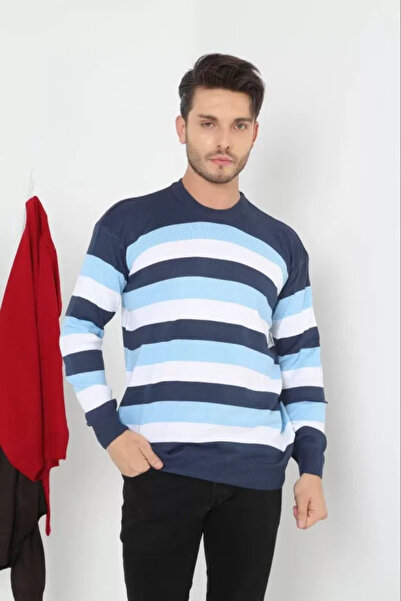 JANES Πλεκτό πουλόβερ Unisex Χοντρό ριγέ Crew Neck - Μπλε