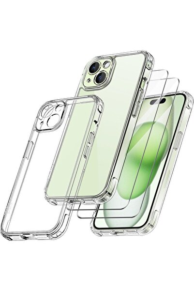 Evax (2 CAM + 1 KILIF) iPhone 15 Plus Uyumlu 1 Şeffaf Silikon Kılıf + 2 Cam E...