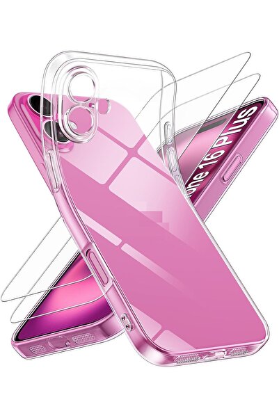 Evax (2 CAM + 1 KILIF) iPhone 16 Plus Uyumlu 1 Şeffaf Silikon Kılıf + 2 Cam E...