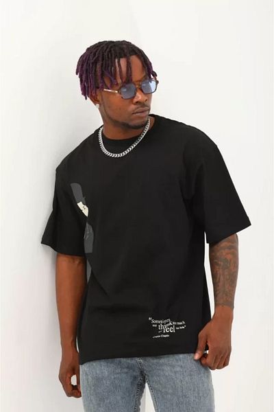 modaserdem Unisex Oversize εμπριμέ μπλουζάκι με λαιμόκοψη - Μαύρο