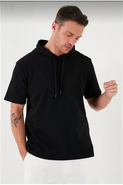 modaserdem Μπλουζάκι Unisex με κουκούλα κοντό μανίκι μονόχρωμο oversize - Μαύρο