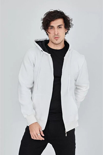 pazarella Men's Hooded Plain Zippered Cardigan - White