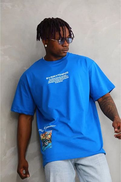 modaserdem Μπλουζάκι Unisex Crew Neck Printed Oversize - Μπλε