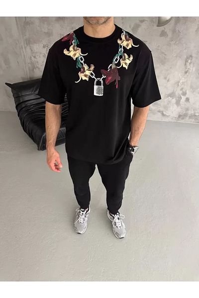 New Shine Μπλουζάκι Unisex Crew Neck Printed Oversize - Μαύρο
