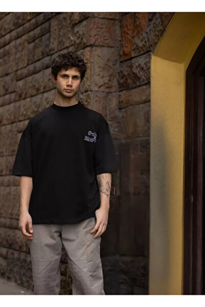 JANES Tricou oversize cu imprimeu unisex cu guler rotund - negru