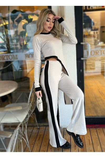 Leyaa Women's Long Sleeve Crew Neck Asymmetrical Cut Blouse Shirting Camisole Blouse And Pants Double T
