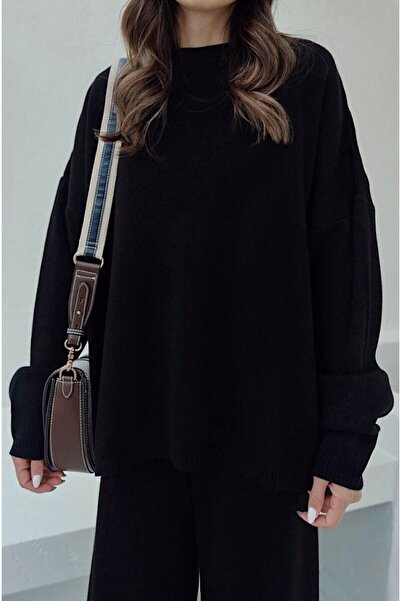 BRTC design Fekete Relax kötöttáru szett - Crew nyakú, elasztikus derékrésszel és széles szárú