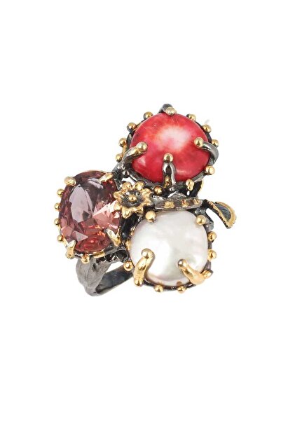 Nusret Takı 925 Ayar Gümüş Doğaltaş İnci Mercan Ve Zultanit Taşlı Yüzük