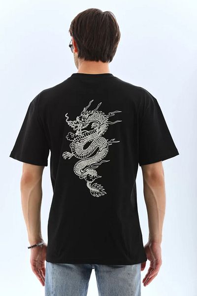 COTTONLAB Unisex Oversize εμπριμέ μπλουζάκι με λαιμόκοψη - Μαύρο