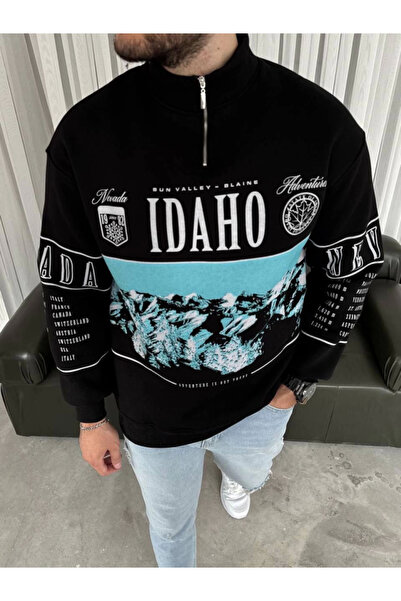 JANES Ανδρικό φούτερ με μισό φερμουάρ oversized με τύπωμα - Μαύρο