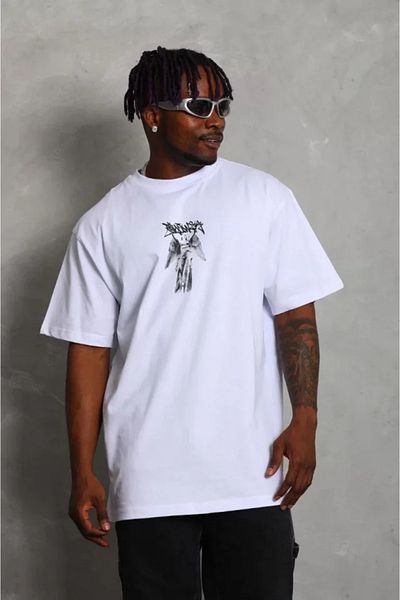 COTTONLAB Unisex Oversize εμπριμέ μπλουζάκι με λαιμόκοψη - Λευκό