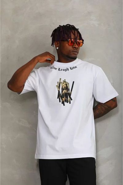 Modayakamoz Λευκό μπλουζάκι Unisex Oversize με στάμπα με λαιμόκοψη