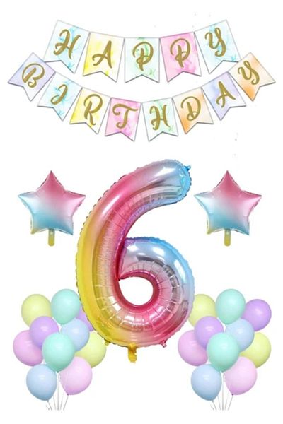 BALON DİYARI Rainbow Concept 6Th Birthday Party Celebration Set Number and Star Foil Banner and Macaron Balloon