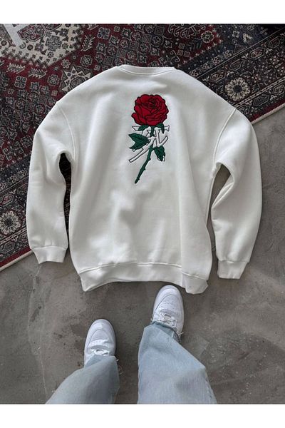 JANES Φούτερ Unisex Crew Neck εμπρός και πίσω με στάμπα - Λευκό