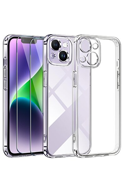 Evax (2 CAM + 1 KILIF) iPhone 14 Plus Uyumlu 1 Şeffaf Silikon Kılıf + 2 Cam E...