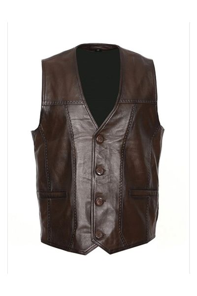 Savran Deri Men's Leather Vest with Genuine Leather Points
