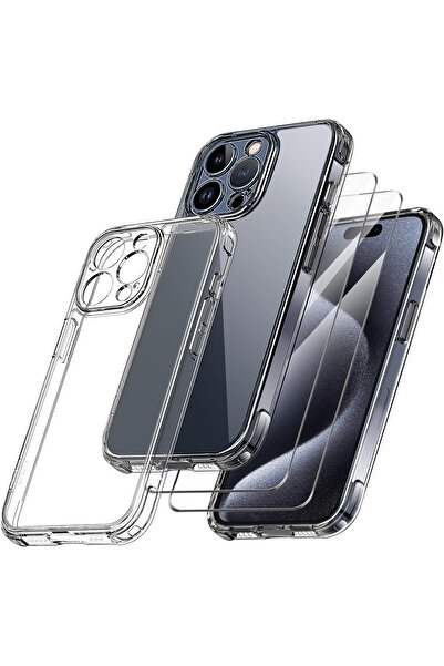 Evax (2 CAM + 1 KILIF) iPhone 15 Pro Uyumlu 1 Şeffaf Silikon Kılıf + 2 Cam Ek...