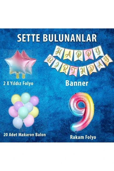 BALON DİYARI Rainbow Concept 9Th Birthday Party Celebration Set Number and Star Foil Banner and Macaron Balloon