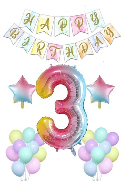 BALON DİYARI Rainbow Concept 3 Year Old Birthday Party Celebration Set Number and Star Foil Banner and Macaron Balloon