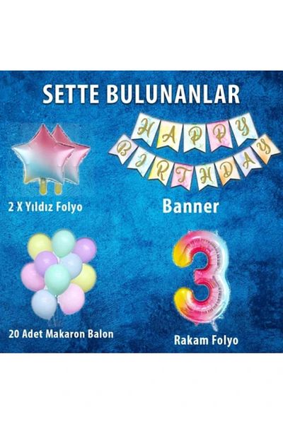 BALON DİYARI Rainbow Concept 3 Year Old Birthday Party Celebration Set Number and Star Foil Banner and Macaron Balloon