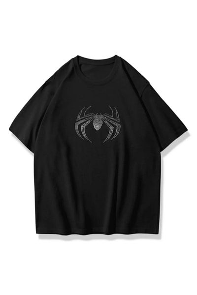 Gofeel Spiderman Λεπτομερές μπλουζάκι Harajuku Oversize με πέτρα με στάμπα Unisex - Μαύρο
