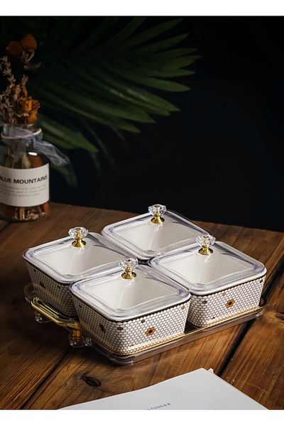 CEZVE HOME Emillia 4-Piece Porcelain Luxury Square Breakfast Storage Container, Breakfast Set Presentation Plate