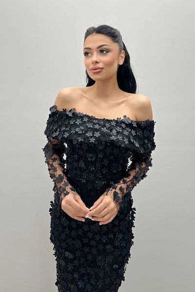 Bersi Butik Φόρεμα Τριών Μεγεθών Floral Υφασμάτινο Μολύβι Λαιμού - ΜΑΥΡΟ