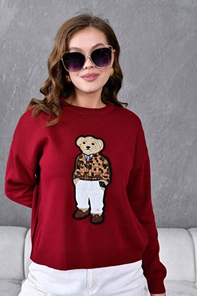 Sachistanbul Kadın Teddy Ayıcık Nakışlı Triko Bisiklet Yaka Kazak
