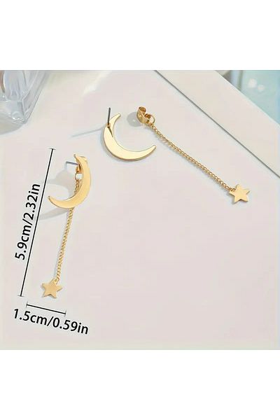 Eva Flore Stylish Gold Tone Moon & Star Tassel Drop Earrings