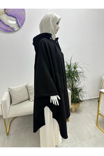 erasra class Hijab Long Stamp Poncho, Winter Poncho, Winter Hijab, Μαύρο Poncho