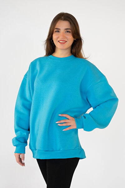 TEVOOY Unisex Oversize Kapşonsuz Sweatshirt – 3 İplik Şardonlu ve İçi Tüylü Rahat Tasarım MAVİ